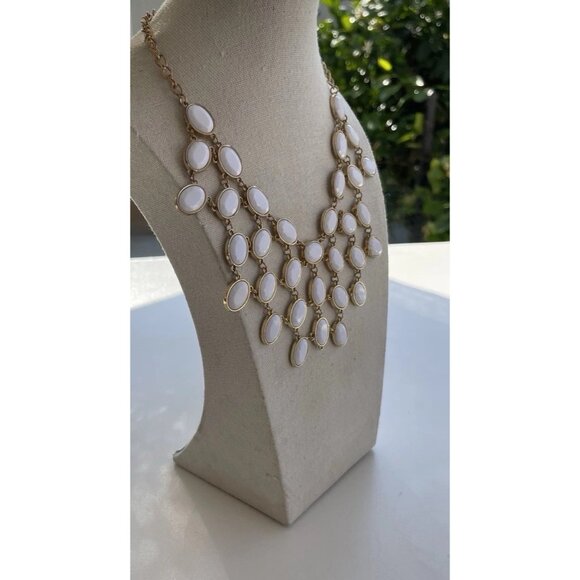 Vintage Estate Necklace Gold Tone Chain Bib Style Statement White Oval Gems 20” - Picture 5 of 10